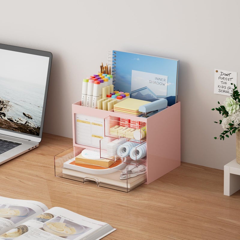 Marbrasse Desk Organizer with 3 Drawer, Multi-Functional Pencil Pen Holder for Desk, Desk Organizers and Accessories with 4 Compartments, Desktop Organizer Storage for Office Home Art Supplies (Pink) - Image 5